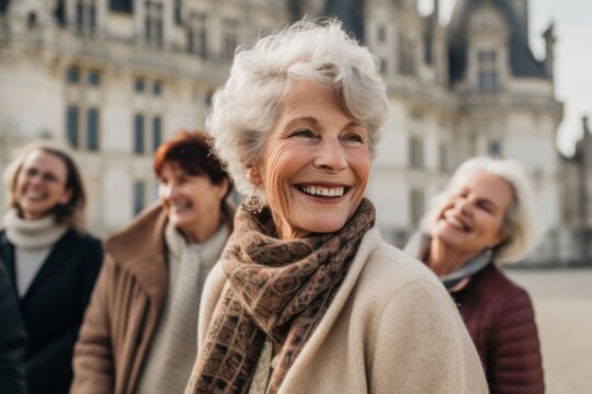 Lifestyle portrait photography of a satisfied woman in her 60s that is smiling with friends at the Château de Chambord in Chambord France . Generative AI