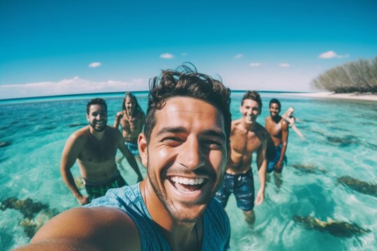 Group portrait photography of a pleased man in his 30s that is smiling with friends at the Great Barrier Reef in Queensland Australia . Generative AI