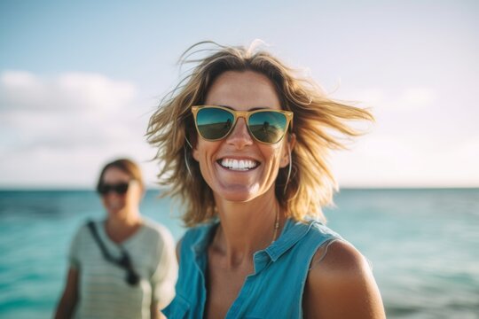 Portrait of happy young woman in sunglasses on the beach with her friend