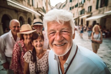 Lifestyle portrait photography of a cheerful man in his 80s that is with the family at the Dubrovnik Old Town in Dubrovnik Croatia . Generative AI