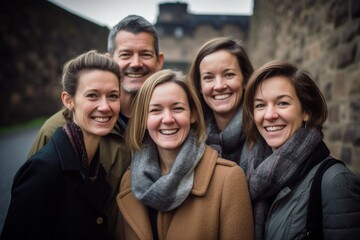 Portrait of smiling friends standing in front of the camera in winter