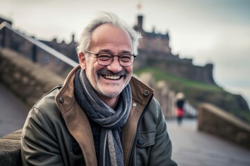 Portrait of a happy senior tourist man in Edinburgh, Scotland.