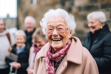 senior woman in eyeglasses smiling at camera while walking with friends