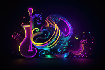 Colorful neon background musical style theme abstract musical instruments. AI