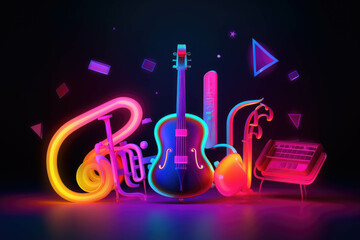 Colorful neon background musical style theme abstract musical instruments. AI
