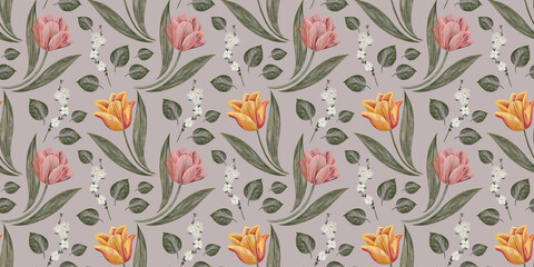 Seamless pattern with delicate tulips and white flowers. Light botanical background, hand-drawn flowers. Vintage Seamless Wallpaper for fabric design, wallpaper, diaries, blogs.