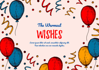 Birthday horizontal greeting card. Design with hand drawn elements. Celebration invitation  template. Vector illustration in sketch style. Festive kids colorful poster