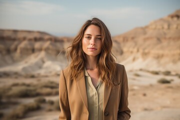 Fototapeta na wymiar Portrait of a beautiful young woman in beige coat in the desert