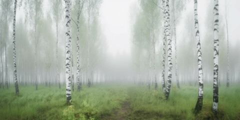Panorama of a green birch forest in the fog, long frame.