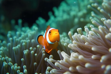 Naklejka na ściany i meble Clown fish on an anemone underwater reef in the tropical ocean. AI