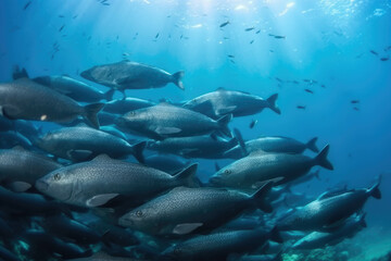 Fototapeta na wymiar Flock of catfish sea ecosystem in the ocean underwater background school of small fish. AI