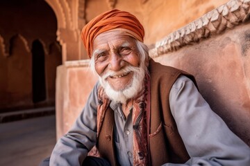 Fototapeta na wymiar Group portrait photography of a grinning man in his 80s that is wearing a pair of leggings or tights at the Amber Fort in Jaipur India . Generative AI