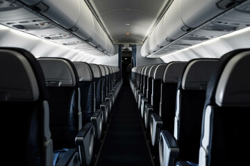 Naklejka premium Interior of the aircraft, a row of seats in the flight of the aeroplane. AI