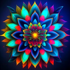 Fototapeta premium Bioluminescent Psychedelic multicolor symmetric florafractigami, Neon Light created by Generative AI technology