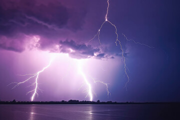 Naklejka na ściany i meble Lightning storm in the sky abstract background weather, light background. AI
