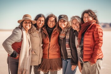 Group of friends walking on the beach in California, USA. They are wearing warm clothing.
