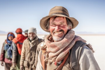 Fototapeta premium Unidentified people at Salar de Uyuni salt flat in Ladakh, India