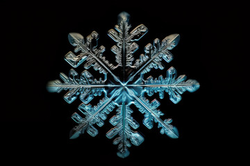Snowflake isolated on black background natural photo crystal winter design. AI