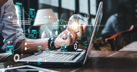 neural, technology, processor, network, link, system, intelligence, innovation, ai, lightbulb. hold a light bulb and front of the man neural ai technology system showing. network link system.