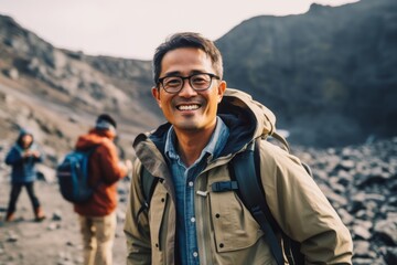Happy Asian man hiker with backpack walking on the trail in the mountain