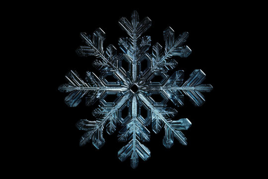 Snowflake isolated on black background natural photo crystal winter design. AI