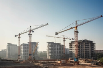 Fototapeta na wymiar Cranes construction of apartment buildings landscape. AI