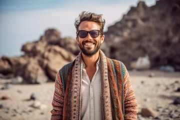 Portrait of handsome young man wearing sunglasses and shawl on the beach