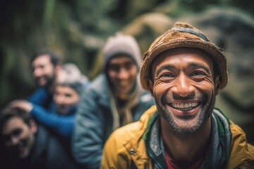Fototapeta premium Portrait of a smiling man with friends in the background on a hike