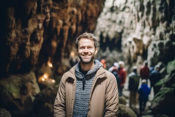 Group portrait photography of a pleased man in his 30s that is wearing a cozy sweater at the Waitomo Glowworm Caves in Waikato New Zealand . Generative AI