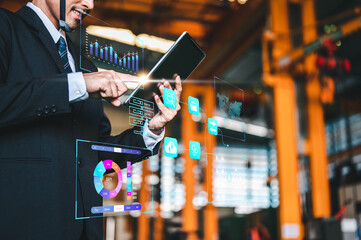 file manager, document, folder, information, management, system, storage, file, industrial, engineer. foreman hold tablet for planning and management information hud is showing. industrial engineer. © Garun Studios
