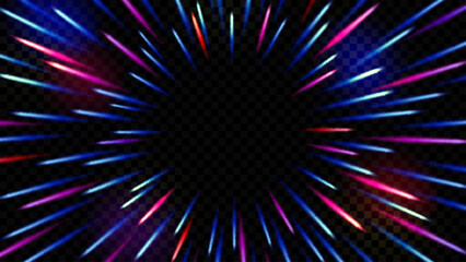 Abstract radial rays on Transparent Background. Velocity of light, Warp Speed, Hyperspace or Fireworks. Vector Illustration.