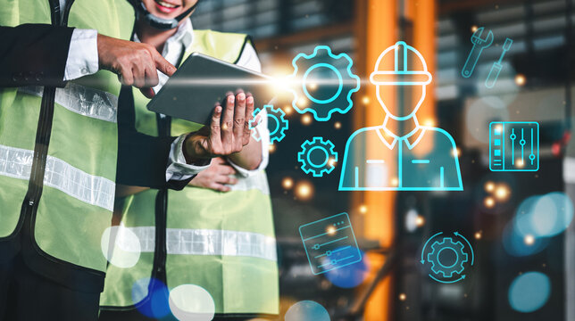 iot, technology, industrial, engineer, site, control, innovation, manufacture, system, networking. engineer and foreman hold a tablet for check process of industrial. use technology to manufacture. - Powered by Adobe