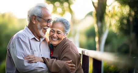 Authentic, candid shot of an elderly Hispanic couple outdoors, their love palpable, reflecting a Latin American immigrant's fulfilling retirement, generative ai