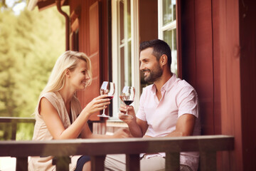 A loving couple drinks red wine on the veranda of a country house. Photorealistic illustration generative AI. - obrazy, fototapety, plakaty