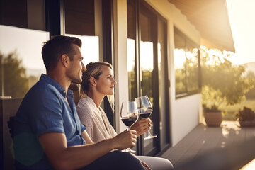 A loving couple drinks red wine on the veranda of a country house. Photorealistic illustration generative AI. - obrazy, fototapety, plakaty