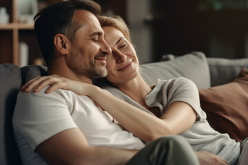 Obraz premium Happy middle-aged couple hugging on the couch. Photorealistic illustration generative AI.