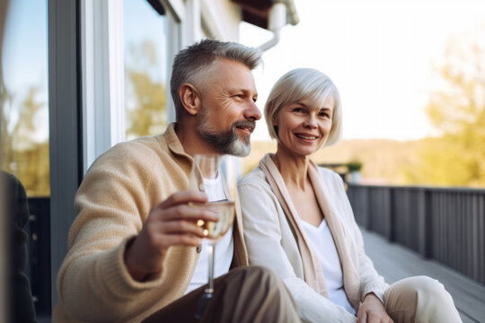 Middle-aged couple drinking red wine on the veranda of a country house. Photorealistic illustration generative AI.