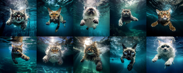 portrait of cats of various breeds swimming underwater.