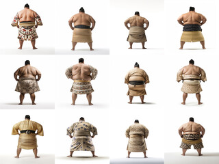 sumo wrestlers seen from behind on a white background.