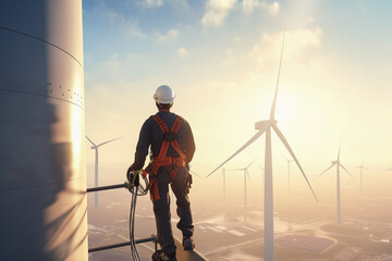 A worker standing above a wind turbine in a harness looks at the view - ai generative - 610026249