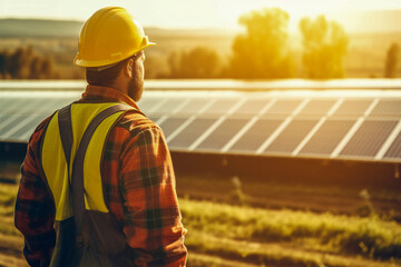 Obraz premium Worker with yellow vest and helmet looking at a field full of solar panels - ai generative