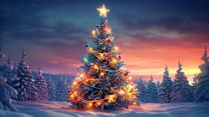 Christmas background, Xmas tree with snow decorated with garland lights. Generative ai