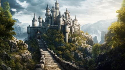 Fantasy landscape with fantasy medieval castles in the mountains. Created with Generative AI tools