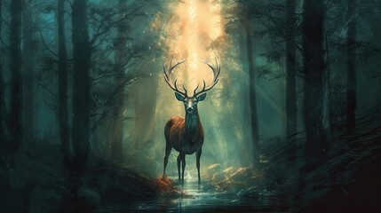 Majestic Deer Amidst Forest and Trees, with Impressive Antlers Generative Ai