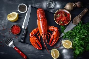 Fotobehang stock photo of boiled lobster ready to eat in the plate Food Photography AI Generated © MeyKitchen