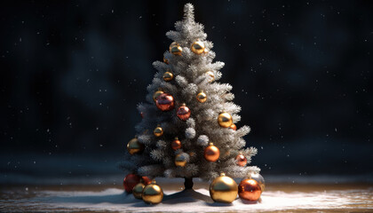 Decorated white christmas tree with balls,bells and gifts in snow background - Generative AI