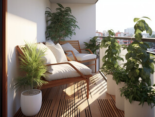 Cozy, minimalistic, modern balcony ideas. Comfortable seatings with plants.