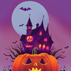 Scary and Spooky but Cute Pumpkin with Castle Halloween Illustration