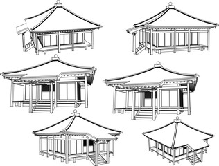 Japanese traditional wooden temple cartoon illustration vector sketch