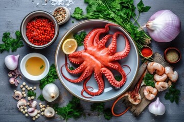 stock photo of boiled octopus boiled squid boiled shrimp Food Photography AI Generated